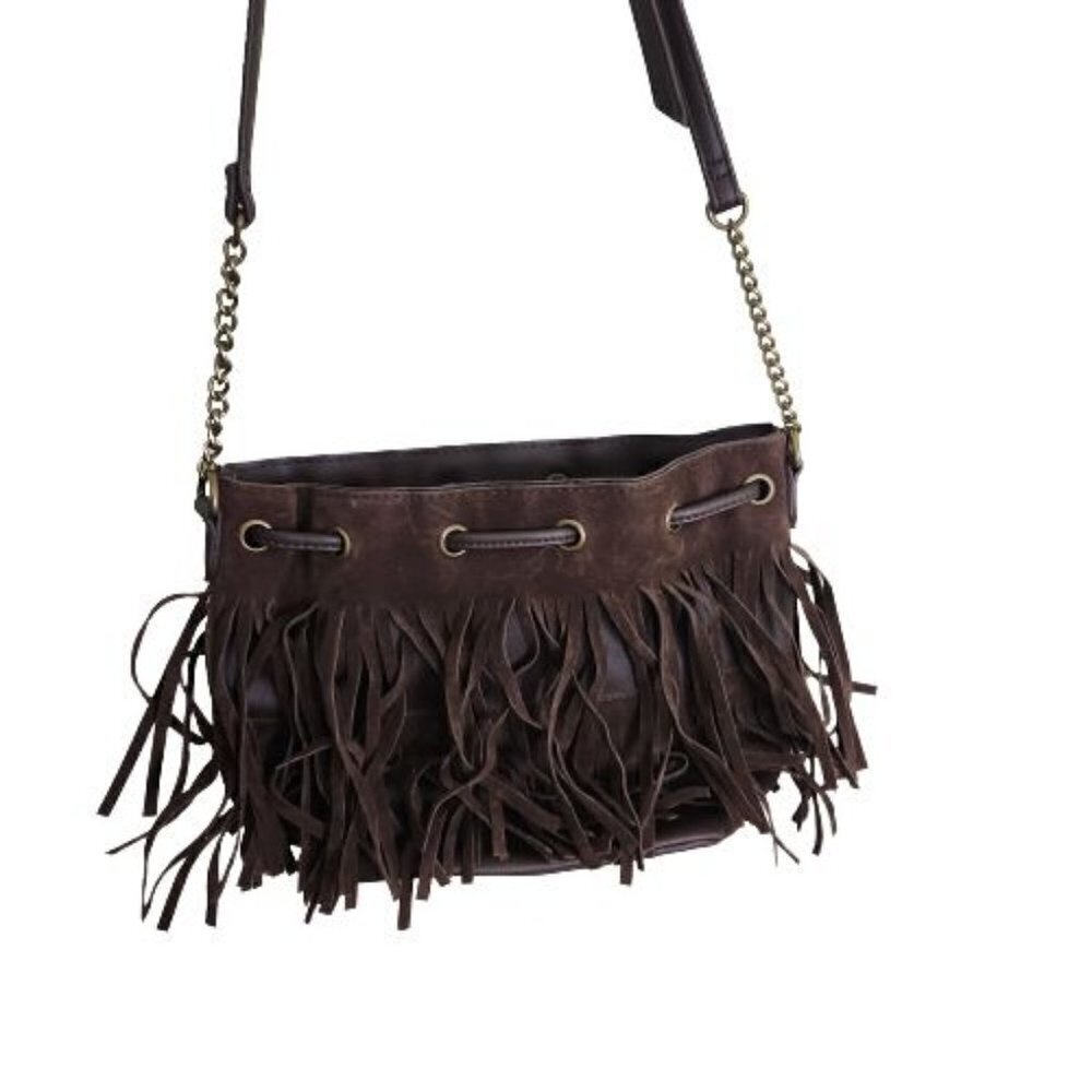 Signature Bohemian Hippie Brown Fringe Leather Blend Crossbody Bag